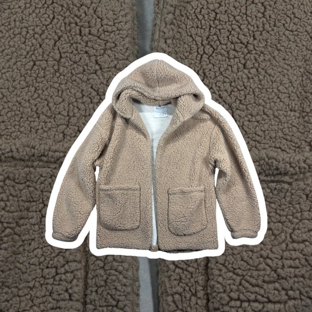 Hollister Womens Teddy Sherpa Jacket Small Camel Tan Open Front Hooded Cozy Y2K